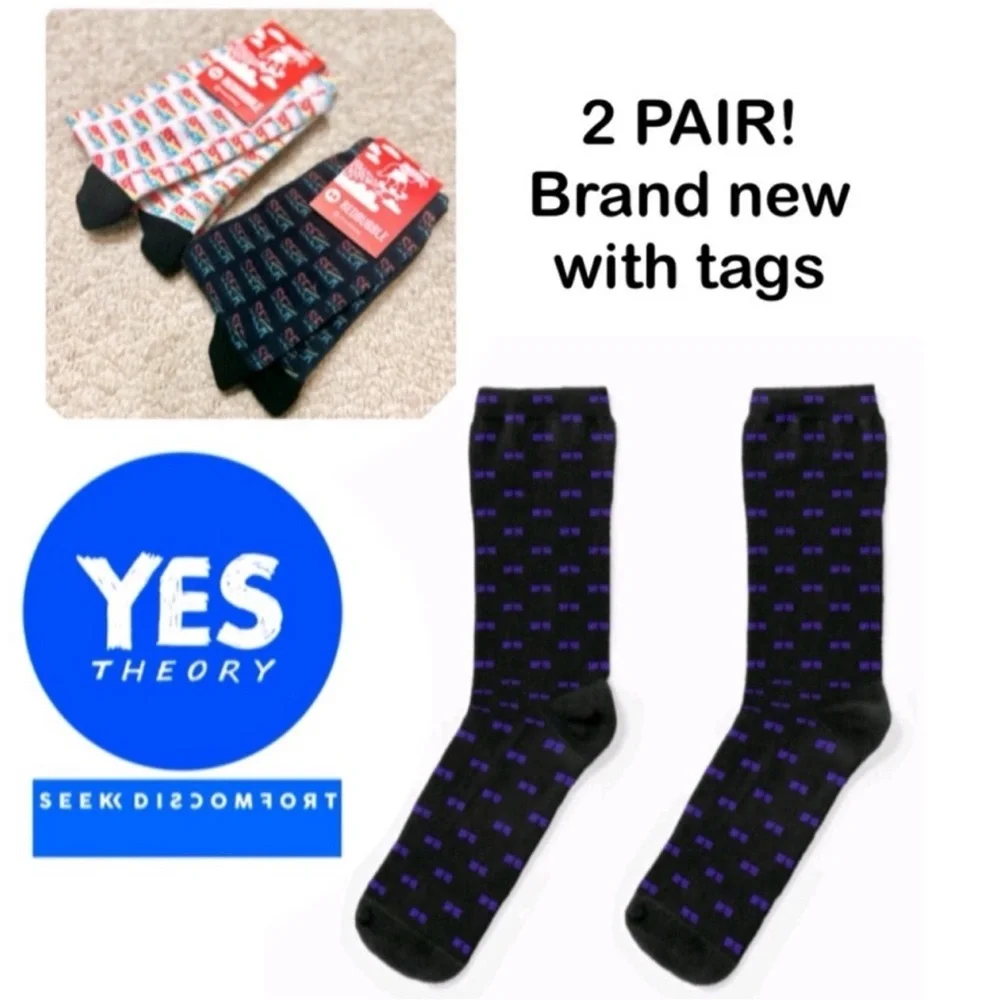 3/$19 NWT Bundle of 2 pair Yes Theory Seek Discomfort all over logo crew socks